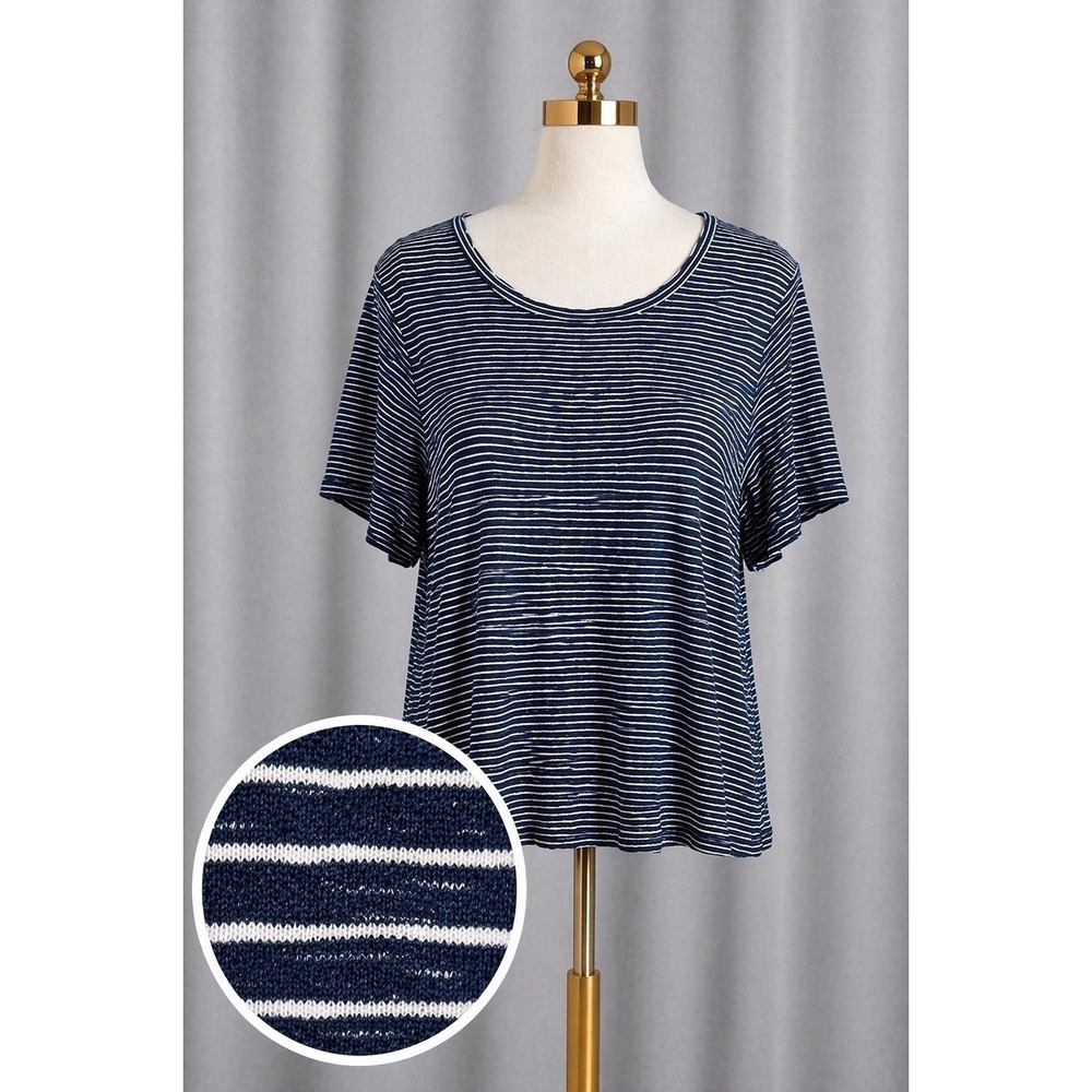 Tahari 100% Linen Tee Top T-Shirt Navy‎ Blue White Nautical Stripes Size Medium